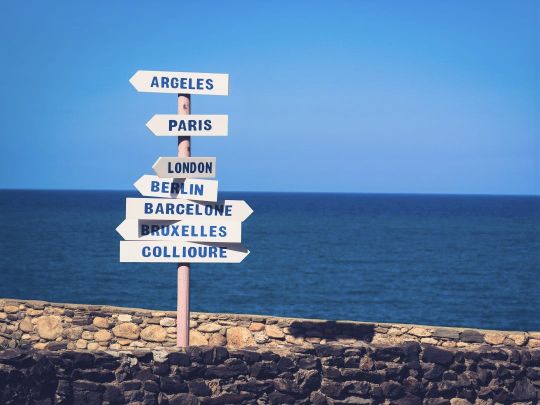 Wegweiser vor dem Meer mit Schildern nach Argeles, Paris, London, Berlin, Barcelone, Bruxelles, Collioure