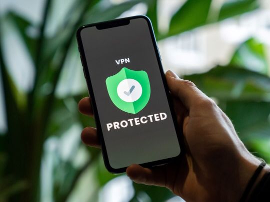 Hand hält Handy, auf dem "VPN Protected" steht mit Pflanze im Hintergrund