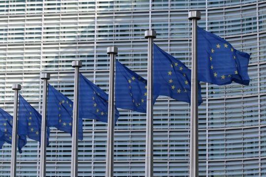 EU-Flaggen vor einem Gebäude mit Fenstern