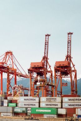 Zwei Industriekrane vor Containern