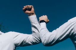 Zwei Personen in weißen Hemden, die ihre Unterarme zusammenstoßen